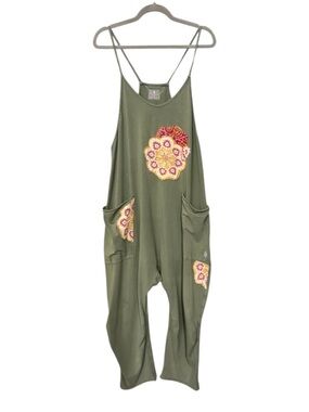 Free People Olive Green Jumpsuit Elevated with Custom Kantha Patchwork